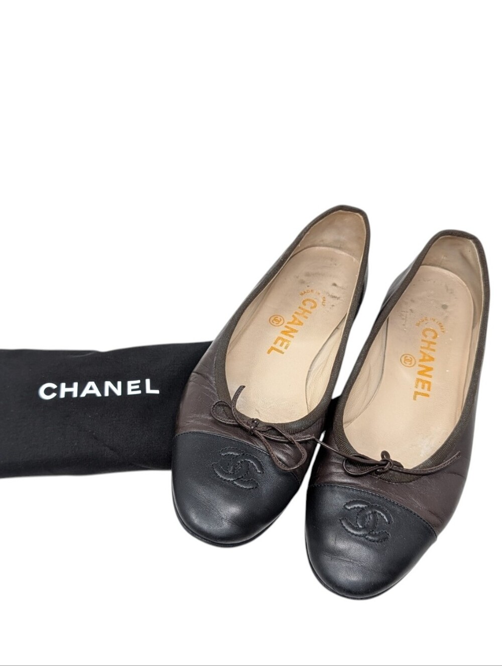 Chanel Brown Leather Cap Toe Interlocking CC Ballerina Ballet Flats Size EU 37.5